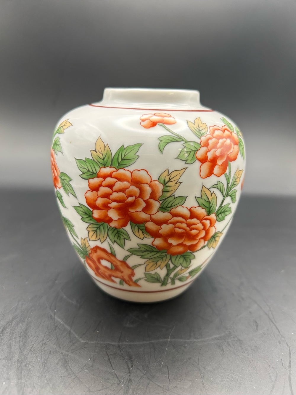 Floral Porcelain Vase with Orange Peony Motif